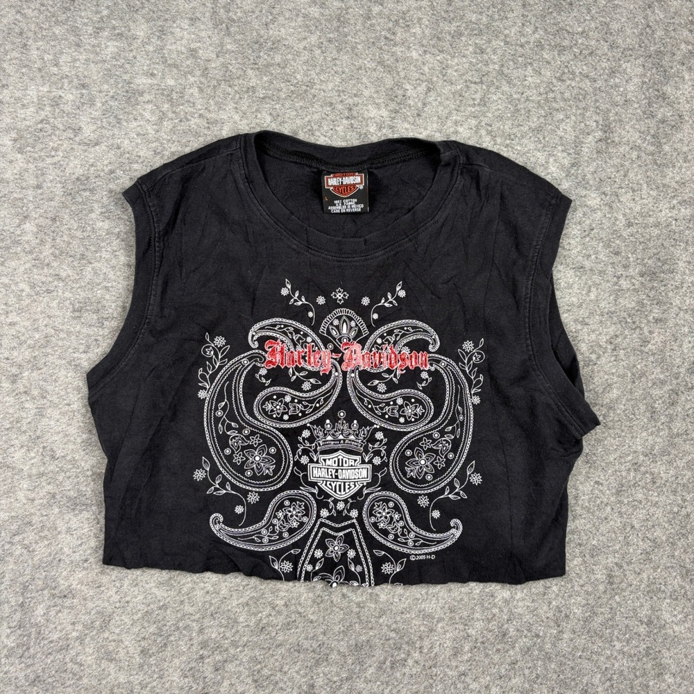 Harley Davidson Sleeveless Crop Top Womens Large Black Paisley Y2K Graphic Tee